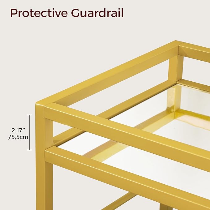 Bar Cart for Home, 3-Tier Serving Cart with Mirrored Top, Beverage Cart with Wine Rack and Glass Holder, Drink Cart with Wheels, for Dining Room, Living Room, Gold and White RCJM7101