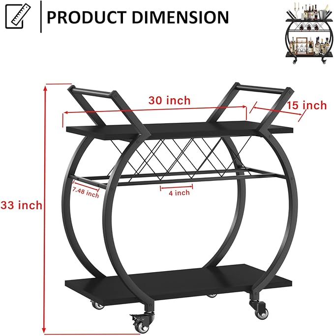 LVB Black Wine Cart with Wheels, Modern Bar Cart with Wine Rack, Industrial Beverage Rolling Kitchen Serving Cart with Storage, Metal Wooden Microwave Drink Liquor Cart for Home Dining Room, Black Oak