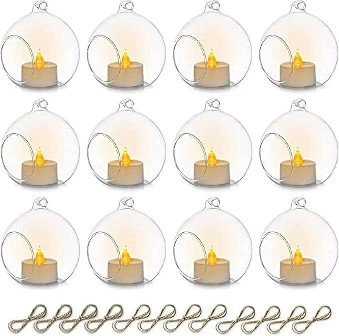 Sziqiqi Hanging Glass Globes Orbs Tea Light Candle Holders with Flameless LED Tealight for Wedding Ornaments Wedding Birthday Christmas Party Centerpiece Accessory 3.15in 12pcs