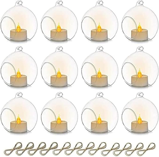 Sziqiqi Hanging Glass Globes Orbs Tea Light Candle Holders with Flameless LED Tealight for Wedding Ornaments Wedding Birthday Christmas Party Centerpiece Accessory 3.15in 12pcs