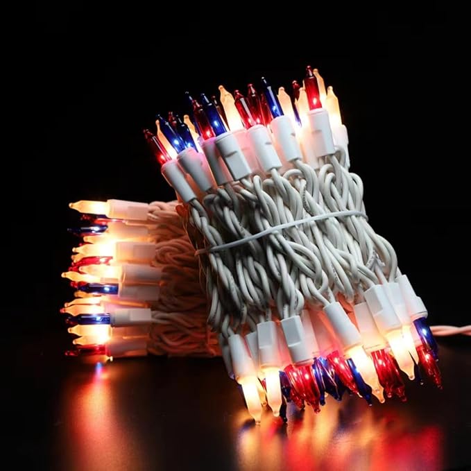 Ultra-Bright Connect End to End Red White and Blue Christmas Mini Light 100L 19.6Ft UL Listed Incandescent Bulb String Light Set for Indoor Outdoor National Day Garden Christmas Tree Decor