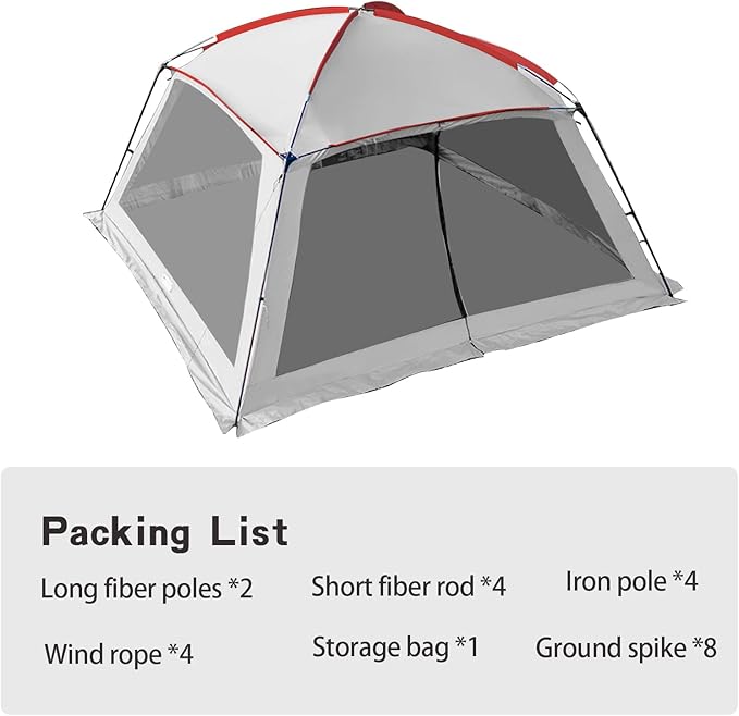 12x12 Ft Screen House Tent - Instant Pop Up Mesh Canopy Shelter with Waterproof & Sunshade Roof, Easy Setup for Camping, Backyard, Beach, Picnic, Red White