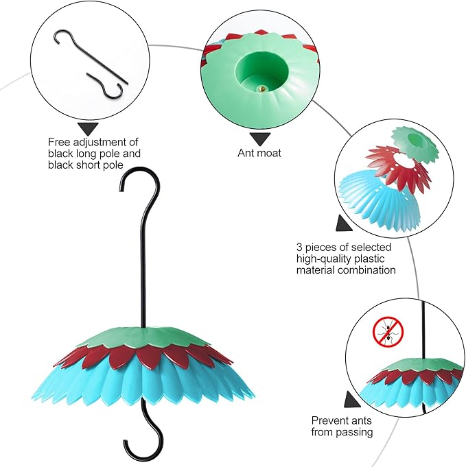 8" Bird Feeder Cover with Ant Moat, Skaithee Bird Feeder Baffle with Hummingbird Feeder Ant Guard & Rain Guard & Shepherd Hooks, Bright Colors Attract More Birds & Anti Rain/Snow/Ants (Blue 8 inches)
