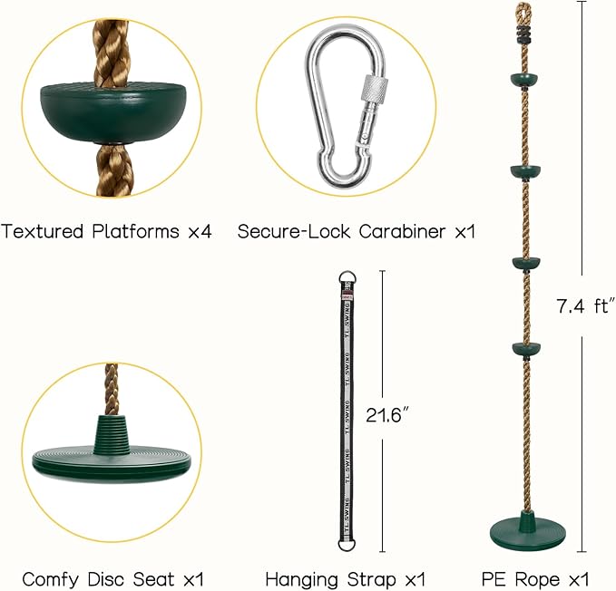 DECORLIFE Tree Swing for Kids, Adjustable Rope Swing Disc Swing for Outside with Platform Carabiners and Strap Outdoor, Playground Accessories, Green