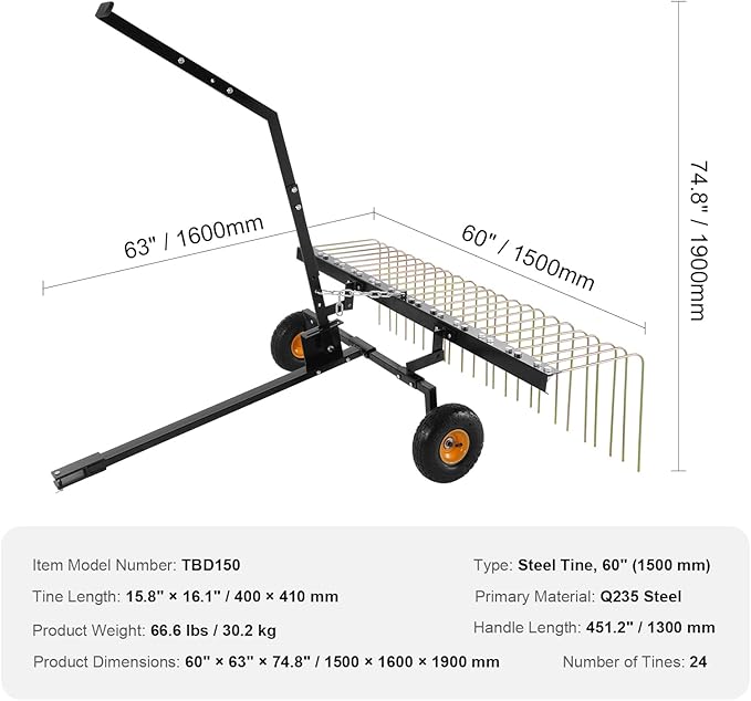 VEVOR Tow Behind Dethatcher, 60-inch Tow Dethatcher with 24 Steel Tines, Lawn Dethatcher Rake for ATV or Mower, Tow Behind Lawn Rake with Lift Handle for Leaves, Pine Needles, and Grass