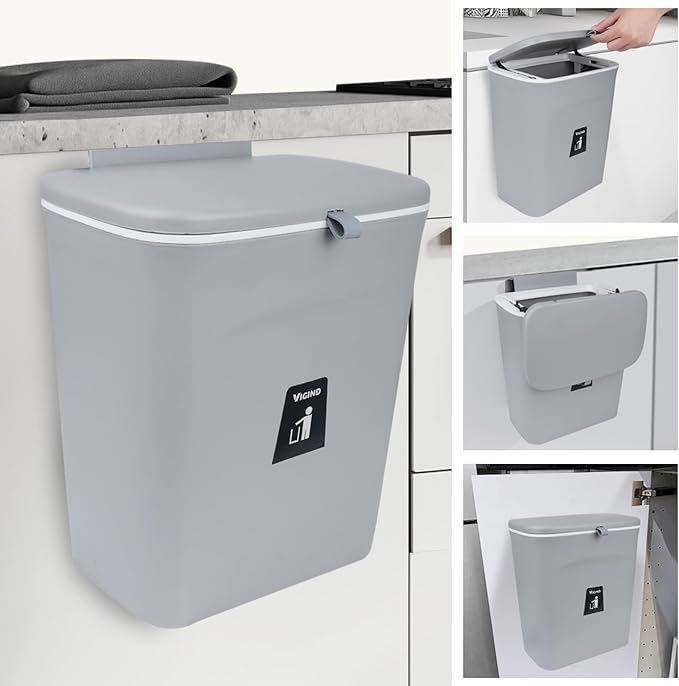 9L/2.4 Gallon Hanging Trash Can for Kitchen Cabinet Door with Lid, Small Under Sink Garbage Can,Trash Bin for Bathroom,Wall Mounted Counter Waste Kitchen Compost Bin,Plastic (Gray)