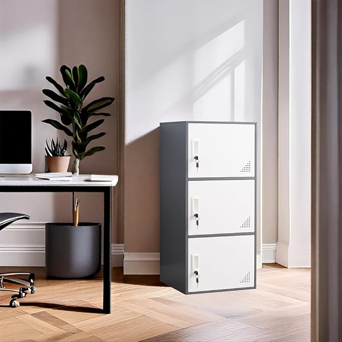 Student Locker Organizer, Multi-Door Steel Locker, Small Locking Cabinet Storage Organizer, Office File Cabinet, Home Locker, Gym Locker, Metal Storage Locker (3 Door, Gray & White)