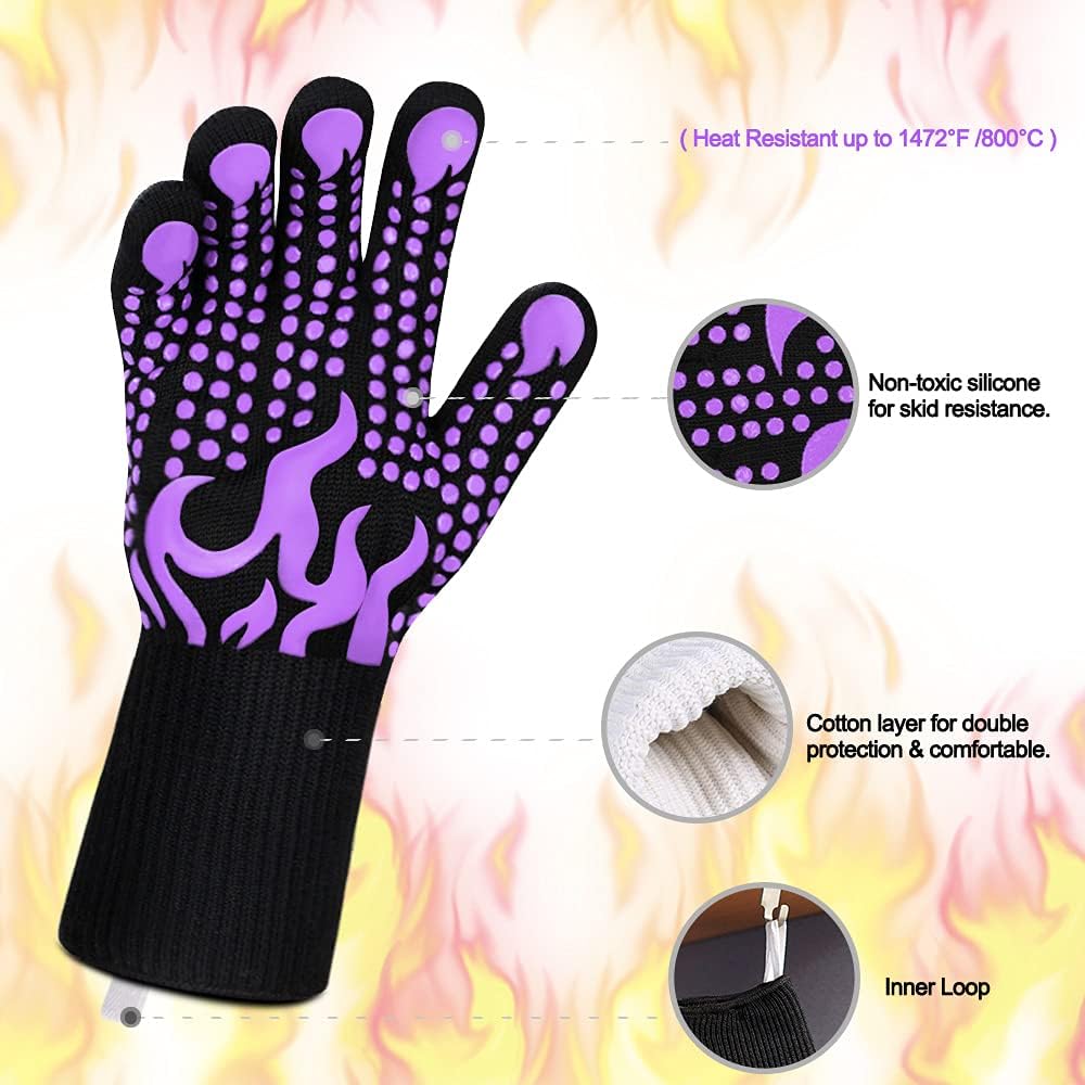 Comsmart BBQ Gloves, 1472 Degree F Heat Resistant Grilling Gloves Silicone Non-Slip Oven Gloves Long Kitchen Gloves for Barbecue, Cooking, Baking(Purple)