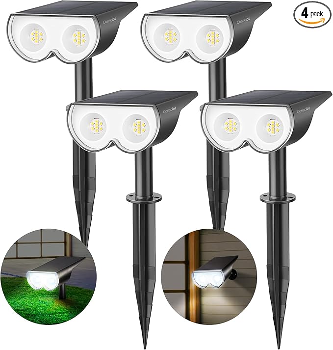 Solar Spot Lights Outdoor, Consciot 16 LEDs IP67 Waterproof Solar Outdoor Lights, Auto On/Off Solar Landscape Spotlights, 2-in-1 Adjustable Wall Lights for Garden Yard Pathway, 4 Pack (Cool White)