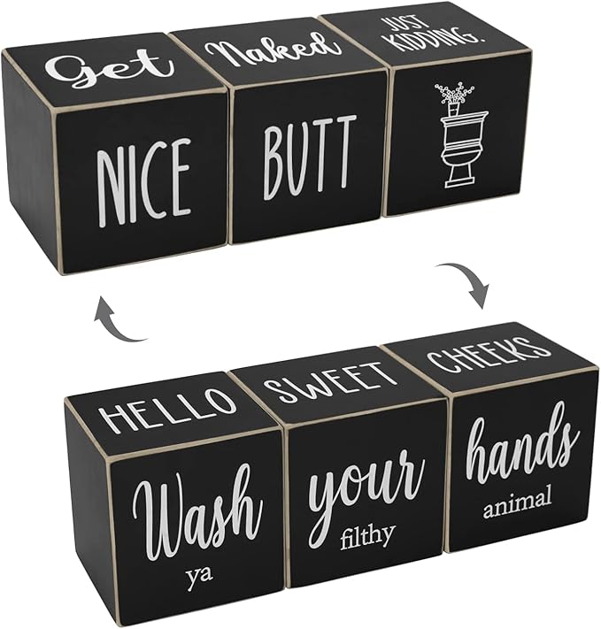 Farmhouse Black Bathroom Decor, 4-Sided Sign - Nice Butt&Get Naked&Hello Sweet Cheeks&Wash Your Hands Wooden Rustic Cute Funny Bathroom Decorations for Shelf Restroom, 2.8"