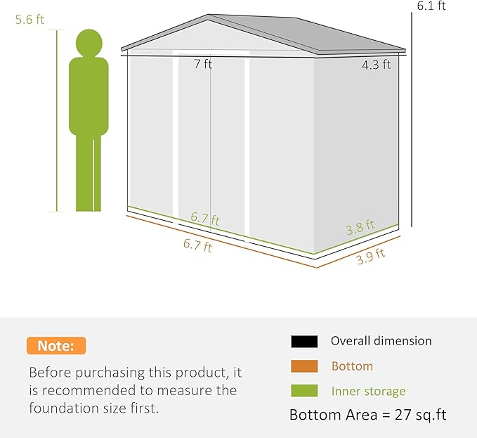 Outsunny 7' x 4' Outdoor Storage Shed, Garden Tool Metal Shed with Foundation Kit, Double Lockable Door, Air Vents and Sloping Roof, for Backyard, Patio, Lawn, Dark Gray