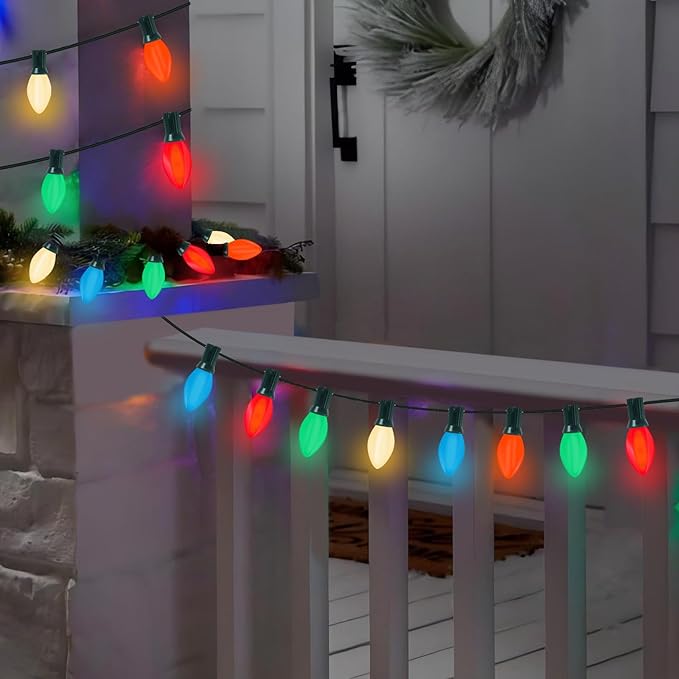 C7 Christmas Lights 25Ft 5 Multicolor Outdoor String Lights with 27 C7 Ceramic Bulbs, Vintage Christmas Decorations UL Listed for Outdoor Indoor Holiday Party Wedding Patio Garden