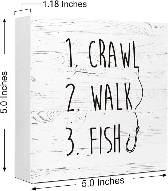 White Crawl Walk Fish Rustic Wooden Sign Desk Decor, Funny Baby Fishing Wood Block Sign for Home Bedroom Baby Room Shelf Table