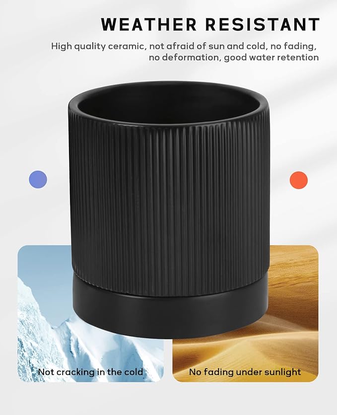 LaDoVita 3 Pack Ceramic Plant Pots 6/5/4 inch, Flowerpot for Indoor Plants with Drainage Holes and Tray, Outdoor Garden Planters, Modern Decorative for Home, Black Vertical Stripes