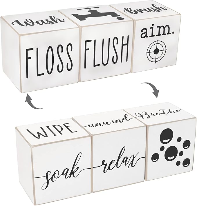 Farmhouse Funny Bathroom Decor, 4-Sided Wooden Blocks, Country Rustic Cute Bathroom Sign for Shelf, Black and White House Home Decorations Accents, 2.8