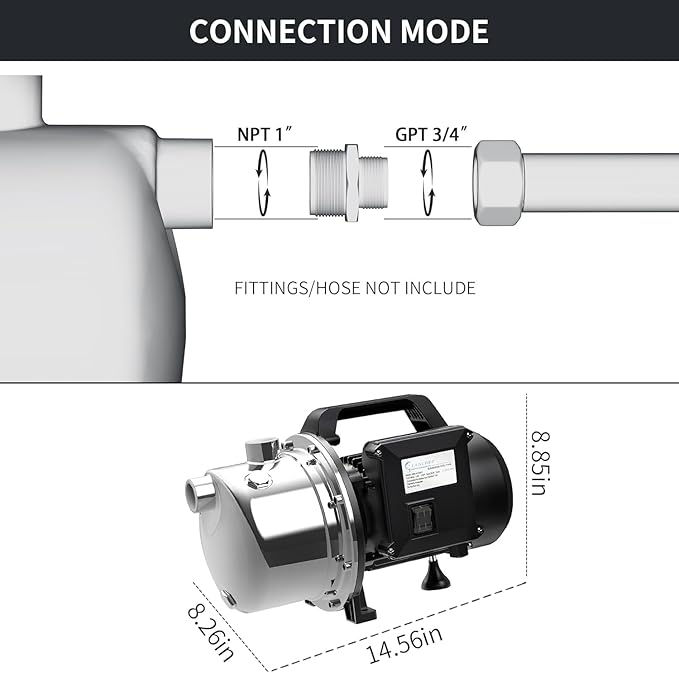 LANCHEZ 1 HP Portable Shallow Well Garden Pump, 1294 GPH Stainless Steel Sprinkler Pump, 115V Water Transfer Draining Irrigation for Lawn