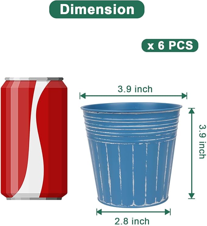 vensovo 4 Inches Blue Metal Rustic Flower Pots - 6 Pcs Small Galvanized Planters with Drainage Hole and Rubber Plug, Rustproof Tin Bucket Plant Pot Farmhouse Vintage Style for Decor