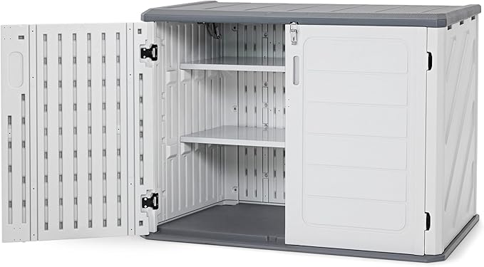 Macrout 25 Cu.Ft Small Plastic Outdoor Storage Cabinet with Shelves, 4.3 x 2.5 ft Waterproof Resin Outdoor Storage Shed with Floor, Lockable Horizontal Shed for Garden and Patio