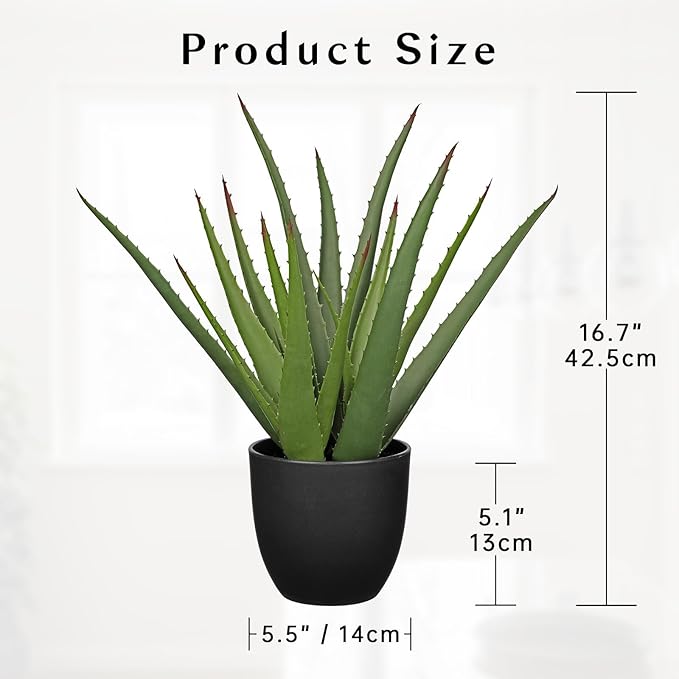 Large Fake Succulent Aloe Vera Plants 16.7 Inch Artificial Succulents with Black Pot Faux Aloe Potted Plant for Desk Modern Home Office Bedroom Living Room Table Shelf Decor