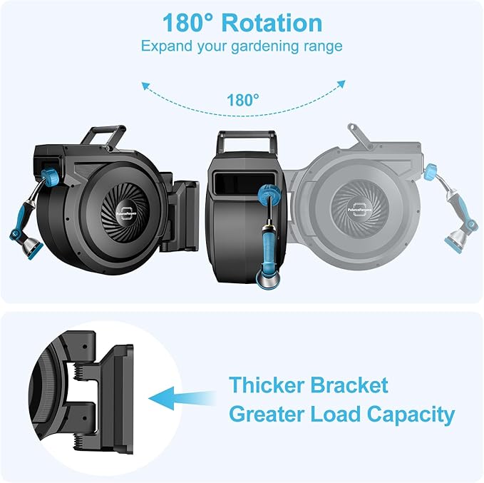 Retractable Garden Hose Reel - 5/8 inch x 60 ft Wall Mounted Hose Reel with 10 Pattern Nozzle & Any Length Lock, Heavy Duty Water Hose Supports Automatic Rewind & 180° Swivel, Black