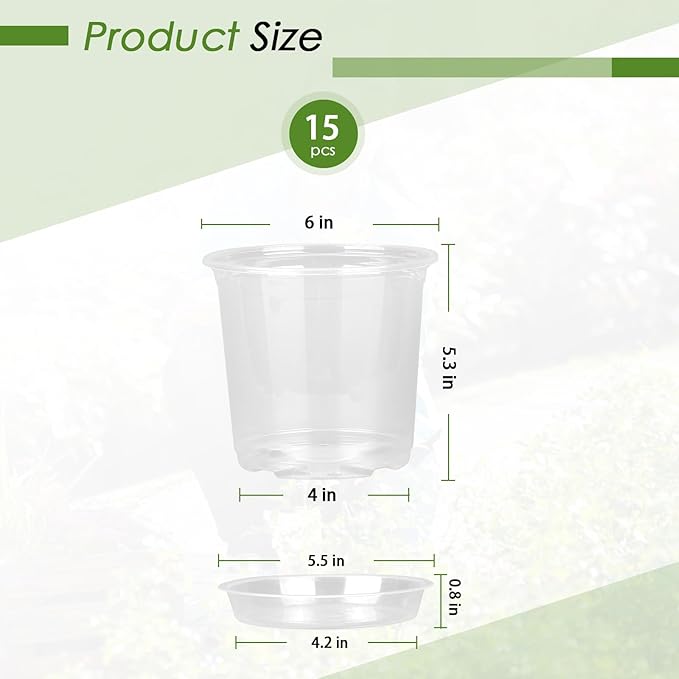 4/5/6/7 Inch Clear Nursery Pots for Plants with Sacuers 15 Pack, Plastic Flower Pots with Drainage Holes, Variety Pack Seedlings Garden Pot for Indoor Outdoor (6 inch)
