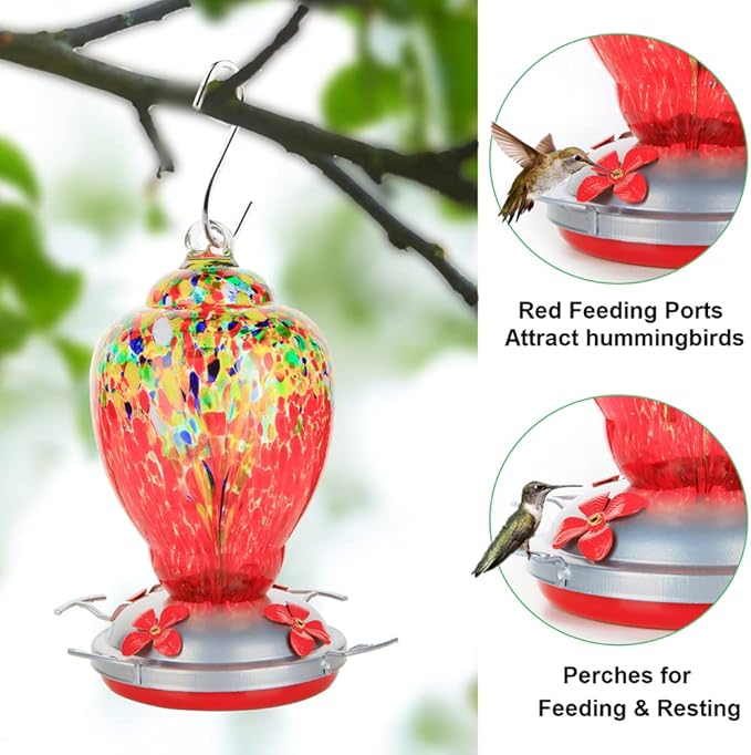 WOSIBO Hummingbird Feeder for Outdoors Patio Large 32 Ounces Colorful Hand Blown Glass Hummingbird Feeder with Ant Moat Hanging Hook, Rope, Brush and Service Card (Red-Sunrise)