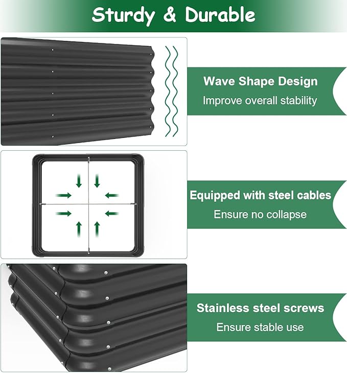 3x3x1 FT Raised Garden Bed with Steel Cable, Elevated PP Planter Box Stand for Gardening, Backyard Patio Ground Raised Bed for Planting Vegetables Flower Herb and Succulents, Black