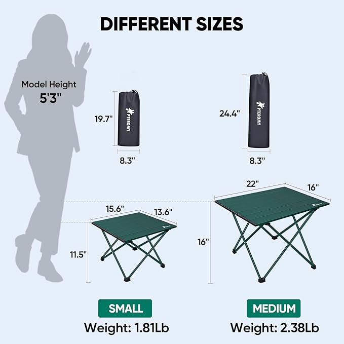 PTEROMY Small Folding Camping Table, Portable Beach Table with Ultralight Aluminum Tabletop for Travel, Outdoor, Camping, Picnics, and BBQs (Green)