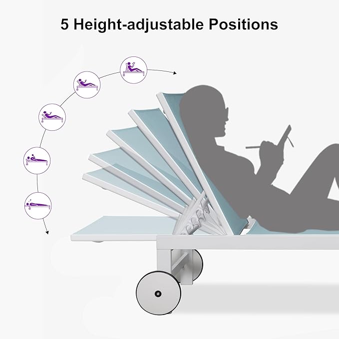 PURPLE LEAF Outdoor Chaise Lounge Set of 4 White Aluminum Lounge Chair Outdoor with Wheels Five-Position Adjustable Patio Lounge Chair for Pool Deck Yard, Steel Blue