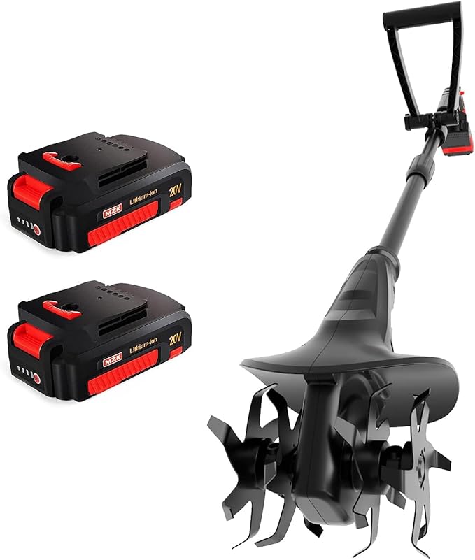 MZK 20V Cordless Tiller Cultivator with Steel Tines,8-inch Wide Battery Powered Garden Cultivator, 360RPM Electric Tiller for Lawn/Gardening/Soil Cultivation(2 * 2AH Battery&Charger Included),TC08D01