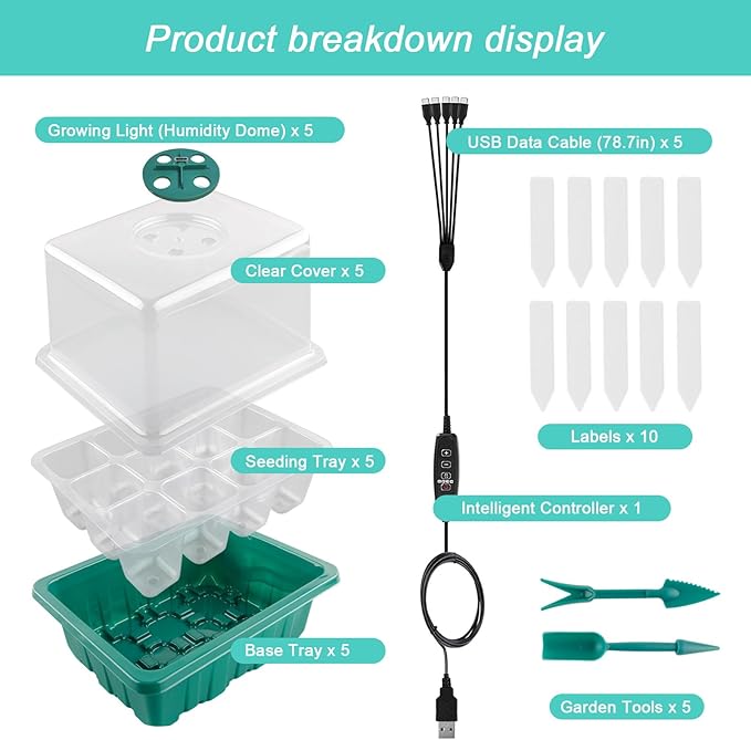 Seed Starter Tray with Grow Light, Plant Germination Starter Kit Seed Starter kit with Humidity Dome and Base for Greenhouse Grow Wheatgrass Hydroponic (Timed Seedling Tray)