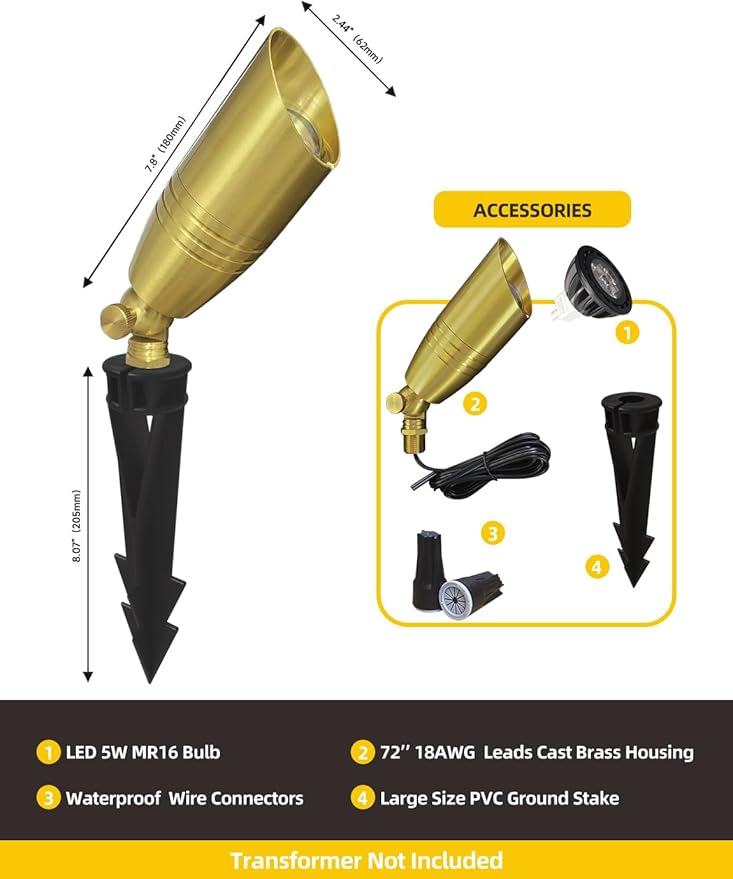 COLOER Die-cast Brass Landscape Spotlight 10-Pack with 5W Aluminum Housing LED MR16 Bulb,12V AC/DC Low Voltage Copper Outdoor Lighting, Directional Garden Patio Spot Up Light (102B Brass Finish)