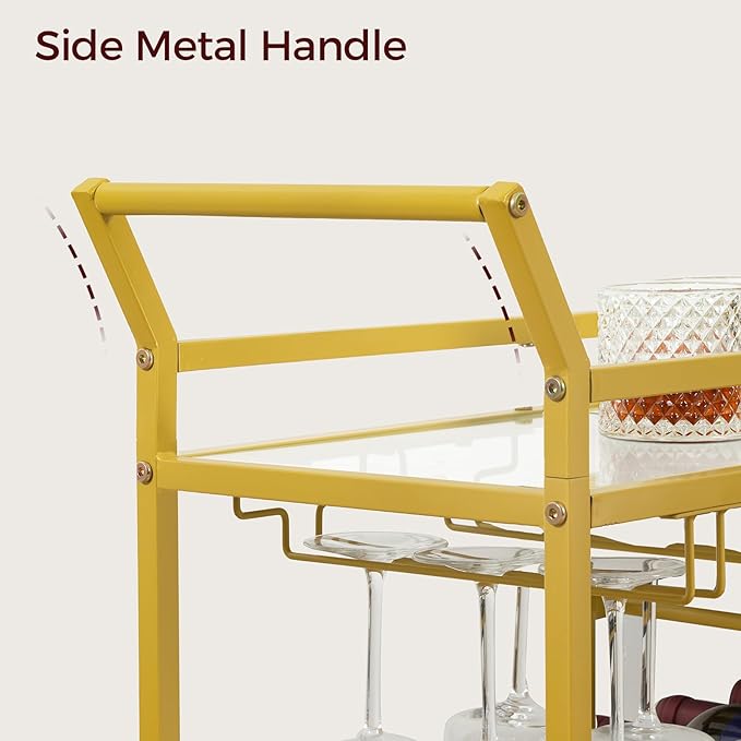 Bar Cart for Home, 3-Tier Serving Cart with Glass Top, Beverage Cart with Wine Rack and Glass Holder, Drink Cart with Wheels, for Dining Room, Living Room, Gold and White RCJM71B01