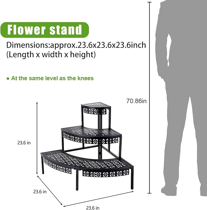 aboxoo 3 Tier Plant Stand Flower Pot Rack, Metal Stair-Step Style Corner Shelf Planters, Quarter Round Display Holder for Indoor Outdoor Use(Black, Semicircle)