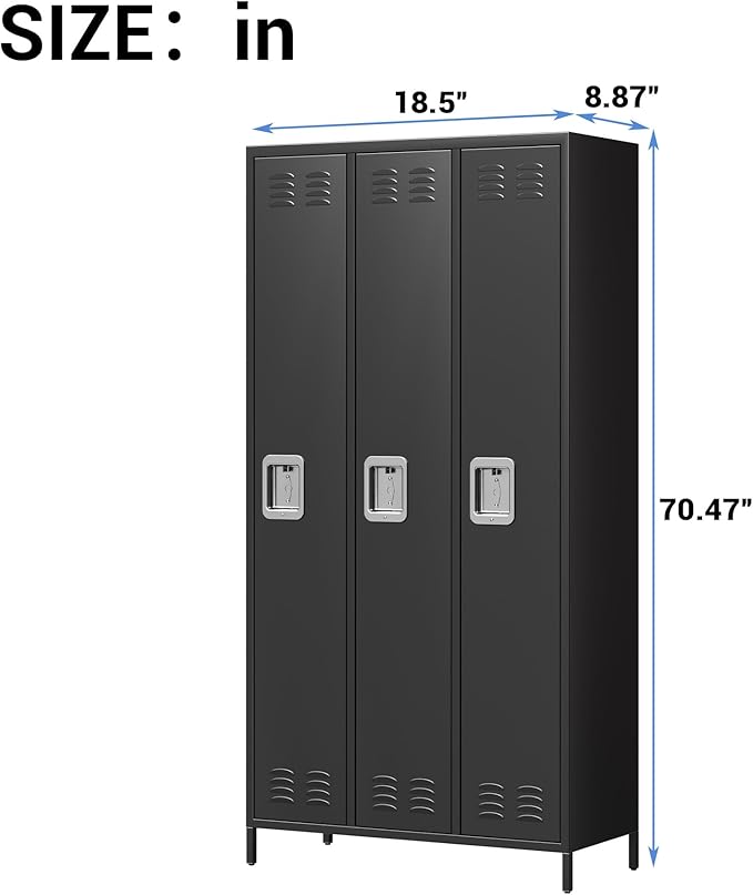 Metal Lockers, 3-Door Metal Storage Cabinets Locker, Secure Storage Solution, Perfect for Offices, Gyms, Schools & Homes, Organizes Personal and Work Belongings Easily
