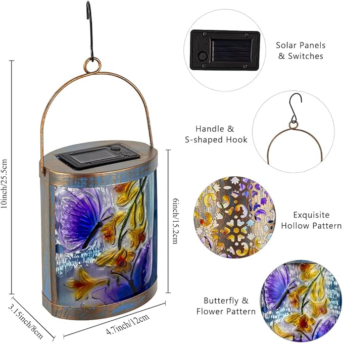 2 Pack Purple Butterfly Hanging Solar Lights for Outside Waterproof Glass Solar Lantern for Tabletop Garden Patio Decor