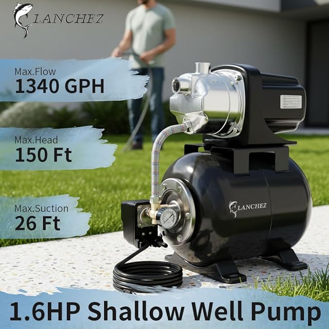 LANCHEZ 1.6HP Shallow Well Pump with Pressure Tank, 1340GPH Automatic Irrigation Water Booster Jet Pump, 115V Stainless Steel Water Transfer Pump for Home Garden Lawn Sprinkler Irrigation