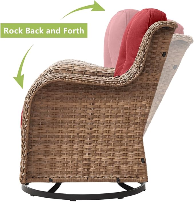 HUMMUH Outdoor Swivel Rocker PE Wicker Patio Chairs Set of 2, Rattan Rocking Chair Furniture Set (Yellow,Red)