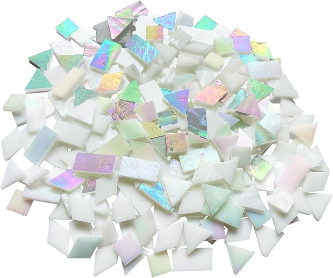 Iridescent White Glass Mosaic Tiles for Crafts, 280 Pcs Mixed 4 Shapes Stained Glass Sheets, Mosaic Kit for Adults Kids, Supplies for Mosaics