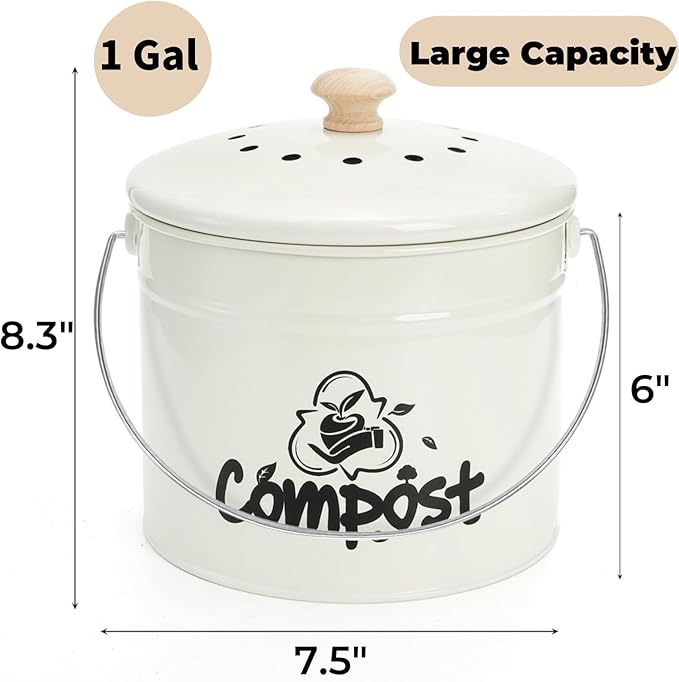 Small Kitchen Compost Bin, 1 Gallon Odorless Composter Container, Food Waste Bucket with Charcoal Filter Lid, Indoor Farmhouse Composting Pail Canister for Trash Scraps, Carrying Handle
