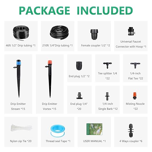 256FT Drip Irrigation System Kit, 163pc Automatic Garden Watering Misting System for Greenhouse, Yard, Lawn, Plant