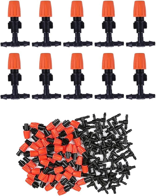 80PCS 1/4" Inch Adjustable Irrigation Microspray Emitter Three Way Atomizing Nozzle with Tee Connector Drip Irrigation Accessory for Garden Lawn Flower Bed Irrigation System Watering