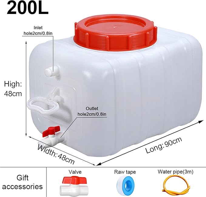 Heavy Duty Water Container Plastic Water Storage Carrier with Tap 50l 80l 110l 200l Water Tank Water Bottle Dispenser for Camping Caravan Hiking Outdoor(Size:200L)