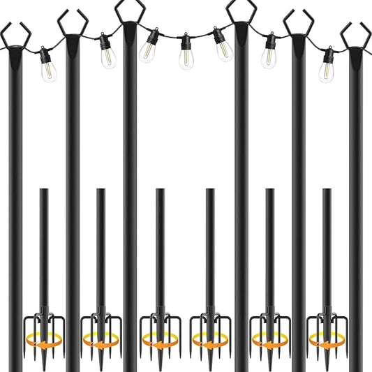10Ft String Light Poles 6 Pack,Light Poles for Outside Lights,Outdoor with Fence Brackets Hanging Lights,Metal Stand Deck Patio Backyard
