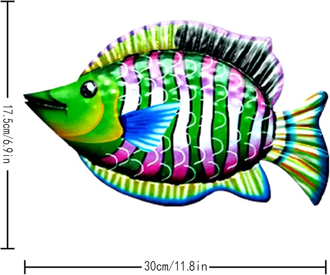HHgrowe 11.8 Inches Hand-Painted Metal Fish Art Wall Decor Coastal Ocean Sea Hanging Decorations Garden Pool Decor Set of 4 Colorful Outdoor or Indoor Wall Sculptures …