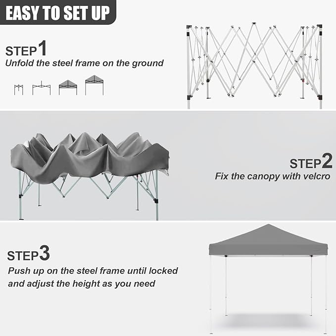 10x10ft Pop Up Canopy Tent,Heavy Duty Waterproof Folding Tent for Camping Parties Events Parties,Outdoor Canopy,Portable Sun Shelter,3 Adjustable Height(Grey)