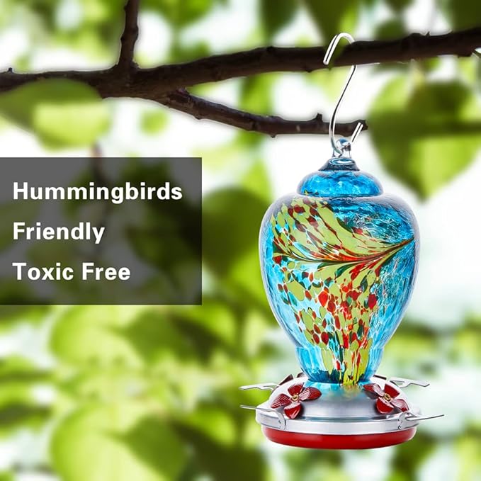 WOSIBO Hummingbird Feeder for Outdoors Patio Large 32 Ounces Colorful Hand Blown Glass Hummingbird Feeder with Ant Moat Hanging Hook, Rope, Brush and Service Card (Blue)