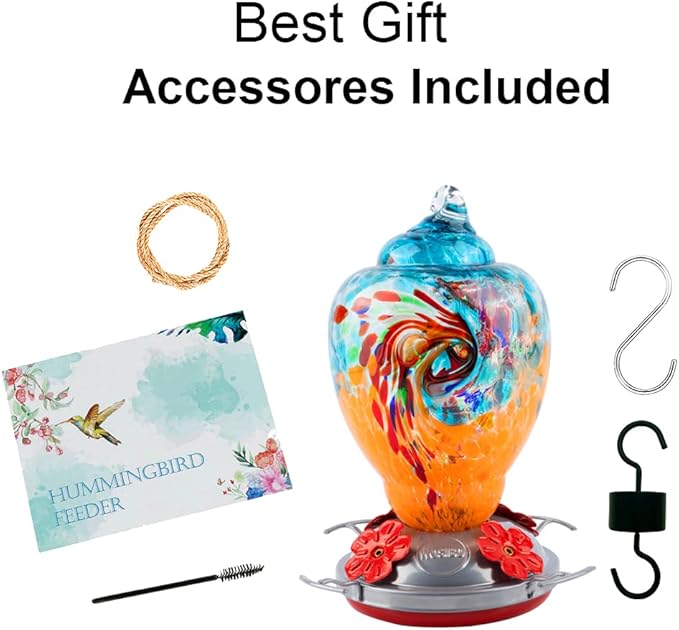 WOSIBO Hummingbird Feeder for Outdoors Patio Large 32 Ounces Colorful Hand Blown Glass Hummingbird Feeder with Ant Moat Hanging Hook, Rope, Brush and Service Card (Blue-Orange)