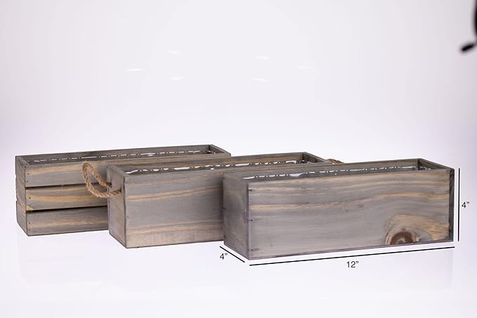 Wooden Planter Box with Handle, Rustic Barn Wood, Plastic Liner l Garden Decor l Restaurant and Wedding Decorations l Wedding Table Centerpiece (12x4 w Handle Set of 4, Natural)