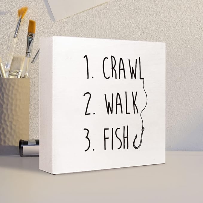 Crawl Walk Fish Rustic Wooden Sign Desk Decor,Funny Baby Fishing Wood Block Sign Desk Decorations for Home Bedroom Baby Room Desk Shelf Table Decor
